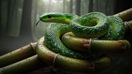 A vibrant green snake is coiled around several bamboo stalks, its head raised, tongue extended. The image showcases detailed textures and a shallow depth of field, with soft natural lighting suggesting an outdoor environment. This visual is suitable for a variety of editorial and commercial uses.の素材