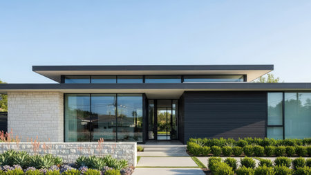 A contemporary residential building is showcased with a flat roof and extensive glass windows. The facade integrates light brickwork and dark panels. Green shrubs and a walkway lead to the entrance, under a clear sky. This image is suitable for architecture, real estate, and design applications.の素材