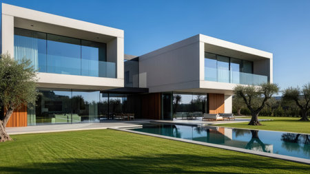 This image presents a modern home with clean lines and expansive glass windows. The architecture features a minimalist style with a focus on geometric shapes. The scene is illuminated by bright daylight, highlighting the lush green lawn and the tranquil pool reflecting the sky. This image is suitable for commercial uses.の素材
