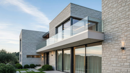 The image features a modern building with a clean, contemporary design. The structure showcases a stone facade and glass balcony, with large windows reflecting the surrounding environment. The composition highlights a minimalist style under a bright sky, suggesting a focus on space and form, suitable for various editorial and commercial applications.の素材