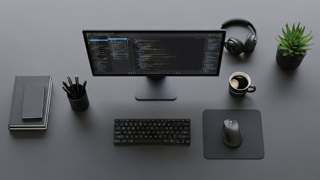 A top-down view showcases a modern workspace with a computer display, keyboard, and mouse. The scene presents a dark color palette. The composition has an overhead perspective, creating a clean environment suitable for commercial projects. The lighting is soft. Potential applications include website design and tech advertising.の素材