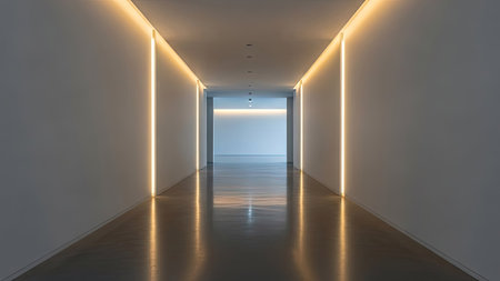 An interior shot showcases a long hallway with bright, linear lighting along the ceiling and walls. The glossy floor reflects the light, creating a sense of depth and symmetry. The image presents a clean and modern aesthetic, suitable for architectural, design, or conceptual uses. The scene suggests a contemporary environment.の素材