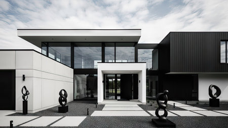 This image showcases a modern home with a minimalist design. The exterior features a black and white color scheme, geometric shapes, and large windows. The composition highlights the clean lines and architectural details. It could be used for real estate, architectural, or design projects, and advertising materials.の素材