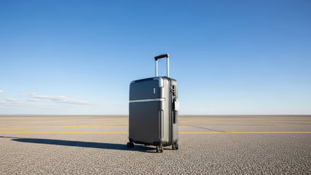 A dark gray suitcase stands prominently on a concrete runway under a bright, cloudless, blue sky. The luggage displays a modern design with a telescoping handle. This image features a minimalist style and could be used for advertising travel services or products and related editorial content.の素材