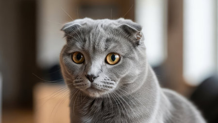 This image features a close-up of a Scottish Fold cat, characterized by its folded ears and expressive golden eyes. The cat's gray fur contrasts with the blurred background, suggesting an indoor setting. The composition focuses on the feline's face, highlighting its unique features. Suitable for various editorial and commercial applications.の素材