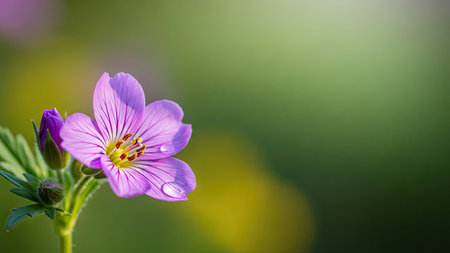 A close-up captures a vibrant purple flower with intricate petal details and a touch of water droplets. The flower is set against a soft, blurred green background, suggesting an outdoor environment with natural lighting. This image could be suitable for various editorial or commercial applications, emphasizing natural beauty and freshness.の素材