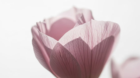 A close-up shot showcases a soft pink flower, its delicate petals appearing translucent. The petals exhibit subtle textures and form an intricate shape against a clean, white background. The image has a soft lighting, suggesting an indoor studio environment. Suitable for artistic, decorative, or design-related projects.の素材