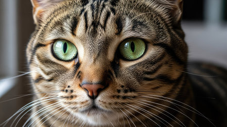 This close-up photograph showcases a domestic cat with striking green eyes. The cat's fur displays intricate patterns in shades of brown and tan, highlighting its texture. The composition uses shallow depth of field, emphasizing the eyes and nose. This image is suitable for various commercial uses, including advertising and editorial content.の素材