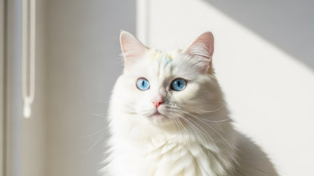 A pristine white cat with striking blue eyes is the focal point, illuminated by gentle sunlight. The composition emphasizes the cat's features against a bright, clean background. The image's lighting and clarity lend itself to various commercial applications, emphasizing purity and elegance in a simple visual.の素材