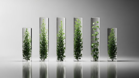 The image features several glass cylinders containing growing plants. The plants' progression suggests growth and development against a gradient background. The composition uses symmetry and lighting to highlight the subject matter. This visual could be used for illustrating concepts such as innovation, environment, or scientific progress.の素材