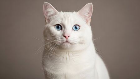 A striking white cat with bright blue eyes is the central focus. Its pristine fur contrasts with a soft, neutral background. The composition suggests studio lighting, highlighting the feline's features. This image could be suitable for various commercial purposes, including advertising and editorial content.の素材