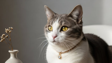 A domestic cat, adorned with a necklace, is captured in a soft-lit indoor environment. The image showcases a gray and white feline with striking yellow eyes, alongside a small vase with delicate floral elements. The composition features a shallow depth of field, suitable for various commercial applications.の素材