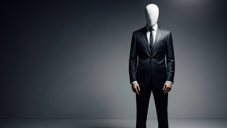 A man in a black suit with a white mask stands centered against a dark grey background. The image features high-contrast lighting, highlighting the textures of the suit and the smooth surface of the mask. This portrait style image might be useful for conceptual designs or thematic projects, useful for various commercial applications.の素材