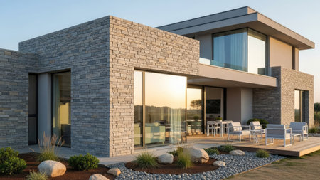 A contemporary home exterior showcases a facade of stone and expansive glass windows reflecting the sunlight. The building features a flat roof and a terrace. Natural light bathes the scene, highlighting the textures of the materials. This image is suitable for architectural, real estate, or lifestyle content.の素材