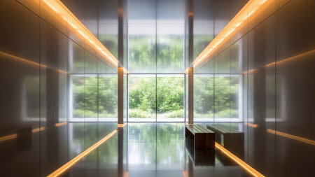 This interior photograph features a contemporary design with a focus on natural elements. Large windows frame a view of trees, filling the space with light. The polished surfaces reflect ambient illumination, creating visual depth. Suitable for architecture, design, or lifestyle projects, and potentially for illustrating environmental themes.の素材