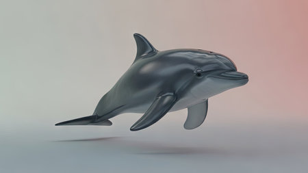 A close-up view presents a dolphin in a realistic style, showcasing a smooth, gray texture. The composition features a neutral gradient background with subtle hues of pink and gray, softly lit to create a three-dimensional effect. Suitable for various design projects and editorial uses.の素材