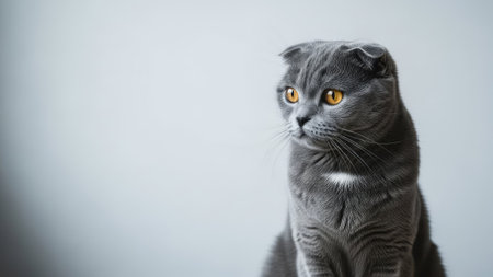 A close-up view presents a Scottish Fold cat with distinctive folded ears and striking yellow eyes. The feline's gray fur contrasts against a soft, light gray background. The composition highlights the cat's alert gaze. Suitable for use in various animal and lifestyle-related projects.の素材