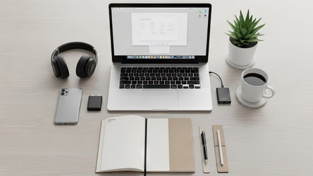 An organized workspace showcases a laptop, smartphone, and headphones. Additional elements include a planner, pen, coffee cup, and a small potted plant. The setting appears bright and modern with neutral colors. Suitable for illustrating technology, business, or lifestyle themes.の素材