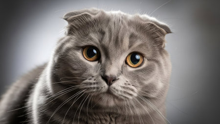 A close-up portrait showcases a Scottish Fold cat with distinctive folded ears. The cat's gray fur contrasts against a soft gray background. The studio-lit shot highlights the cat's features. This image may be suitable for advertising, website content, or editorial purposes.の素材