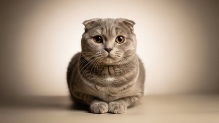 A close-up studio portrait showcases a Scottish Fold cat with distinctive folded ears. The cat's gray fur contrasts against a soft, light background. The image exhibits a high-key lighting style. Suitable for various commercial and editorial applications, this image offers a clean and appealing aesthetic.の素材
