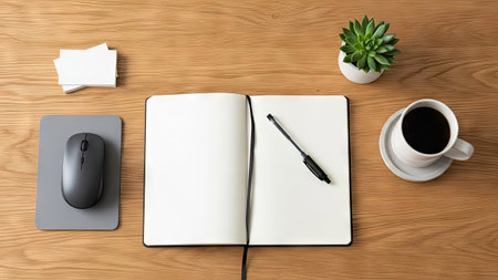 An open notebook with a pen rests on a wooden desk alongside a cup of coffee and a small potted succulent. A computer mouse and a stack of blank cards are also present. The scene uses natural lighting and a top-down perspective, suggesting a work-from-home or office setting. This image is suitable for various commercial uses.の素材