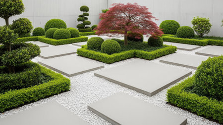 An overhead view reveals a meticulously designed Zen garden featuring square platforms and varied topiary. Vivid green hedges contrast with white gravel and the red foliage of a central tree. The composition suggests an indoor or outdoor setting, suitable for illustrating landscaping or design concepts, with potential commercial applications.の素材