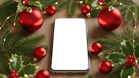 A smartphone with a blank white screen is centrally positioned amidst vibrant red ornaments and green foliage. The scene features festive evergreen branches, holly leaves, and tiny lights on a wooden surface. This image offers a clean, bright aesthetic suitable for digital interface mockups or holiday-themed promotional content.の素材