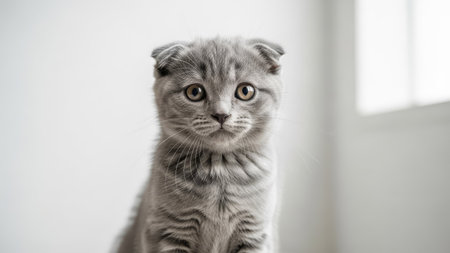 A close-up shot presents a grey Scottish Fold kitten with large, round eyes. The fluffy fur exhibits a striped pattern. Soft lighting illuminates the scene, enhancing the textures. The background is a clean, white space. The image is suitable for various commercial uses, including advertising and editorial content.の素材