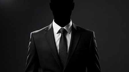 A man in a sharp black suit and tie is silhouetted against a dark gray background. The lighting highlights the suit's texture and form, creating a dramatic visual contrast. The image is likely captured indoors, with a focus on simplicity and anonymity, potentially for commercial or editorial use.の素材
