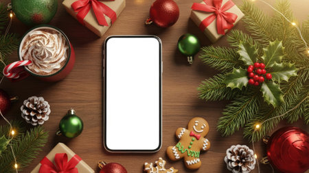 A smartphone with a blank screen sits amidst festive holiday decorations including wrapped gifts, ornaments, and evergreen boughs. The scene is illuminated by soft overhead lighting, presenting a warm and inviting atmosphere. Suitable for use in advertising, promotional material, or holiday-themed commercial applications.の素材