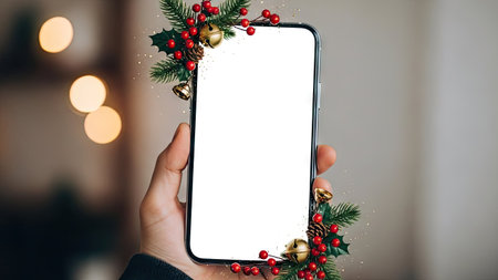 A hand holds a smartphone with a blank white screen, framed by green leaves, red berries, and gold bells. The composition features a shallow depth of field, with soft, out-of-focus background lights. This image could be used for various commercial or editorial purposes related to holidays and technology.の素材