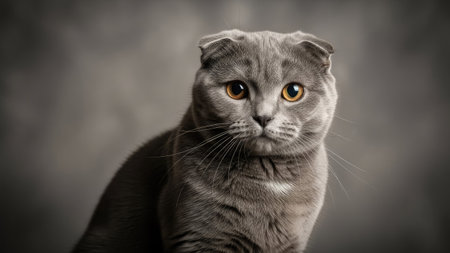 A close-up portrait showcases a Scottish Fold cat with distinctive folded ears. The feline displays grey fur and striking golden eyes, set against a soft, blurred studio background. The image highlights the animal's features and expression. Suitable for various applications, including advertising, editorial content, and design projects.の素材