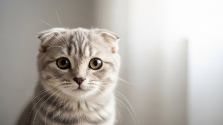 A close-up portrait showcases a Scottish Fold cat with distinctive folded ears and patterned fur. The image features a shallow depth of field, with a soft focus on the cat's face, highlighting its large eyes. The lighting is bright and natural, suggesting an indoor setting, suitable for various editorial and commercial applications.の素材