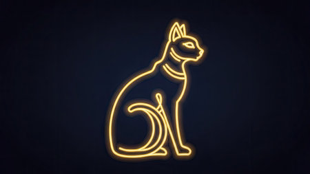 A glowing neon cat silhouette is depicted against a dark background. The artwork features a minimalist style with a focus on line art and a warm, inviting color palette. This design, with its simple yet striking composition, may be used for various projects, including advertising or decorative purposes.の素材