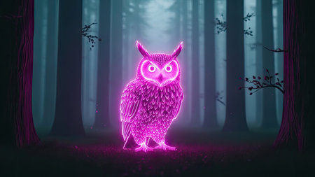 An illuminated owl stands in a dark forest setting. The artwork features a vibrant neon color scheme, highlighting the owl's form and the surrounding environment. The composition utilizes a soft glow and detailed textures. Suitable for various design applications and editorial projects.の素材