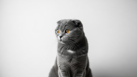 A focused portrait features a Scottish Fold cat with distinctive folded ears. The grey feline is set against a simple white background, emphasizing its features. The image showcases the animal's eyes and fur texture with soft lighting. Suitable for pet-related content, animal welfare, or design projects.の素材