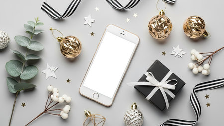 An overhead view displays a smartphone with a blank screen surrounded by Christmas ornaments and gifts. The composition features a neutral gray backdrop complemented by white and gold accents. The arrangement suggests a holiday theme, suitable for commercial projects or advertising materials.の素材