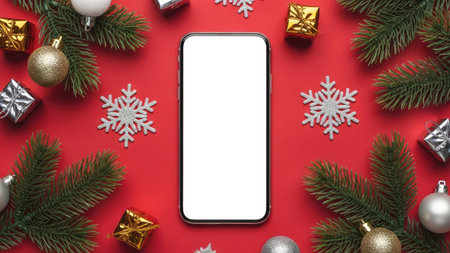 A smartphone with a blank screen rests amidst festive decorations including ornaments, wrapped gifts, and evergreen branches. The composition is arranged on a vibrant red surface, enhancing the visual appeal. This image showcases a bright overhead lighting, suggesting a studio setting, suitable for promotional material or seasonal themes.の素材