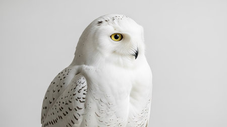 A close-up photograph features a snowy owl with stark white plumage and yellow eyes. The bird is positioned against a plain white background, emphasizing its feathers and detailed features. The lighting is soft, creating a clean look, suitable for various editorial and commercial applications. The composition provides ample copy space.の素材