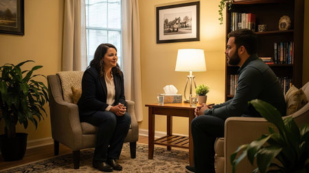 Two people are seated and engaged in a discussion within a comfortable, indoor environment. The scene showcases soft lighting and warm tones, with visible elements like a window, bookcase, and potted plants. This image could serve various professional uses, including articles, websites, and marketing materials.の素材