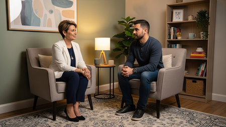 Two individuals are seated in armchairs, engaged in a conversation within an interior setting. The scene is illuminated by soft lighting, highlighting the individuals and the surrounding decor. The composition suggests a focused interaction suitable for commercial use related to therapy, mental health, and wellness.の素材