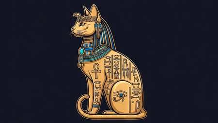 This illustration presents a stylized depiction of an Egyptian cat deity, showcasing intricate details. The artwork features warm colors, with a focus on ornamental elements and hieroglyphs. It could be suitable for various projects, including editorial features, educational materials, and decorative applications. The composition benefits from a dark backdrop.の素材