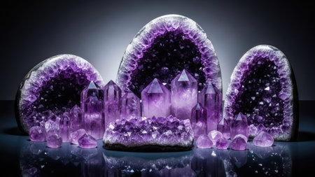 This image showcases a collection of amethyst crystals in various shapes and sizes, presented against a dark, reflective surface. The composition features rich purple hues, a detailed texture, and a soft lighting arrangement. The photo suggests uses in decorative projects, educational materials, or marketing campaigns focused on natural elements.の素材