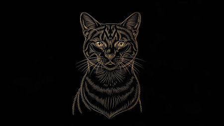 This image presents a detailed illustration of a cat against a solid black background. The cat's features are emphasized with intricate line work in a contrasting color. The composition appears minimalist, featuring the cat prominently. This visual could be suited for various commercial applications, including editorial designs and advertising materials.の素材