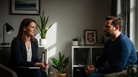 An image captures a therapist and a patient engaged in a counseling session. The scene shows two individuals seated, likely discussing matters in a professional setting. The interior features natural light, suggesting a daytime appointment. Suitable for illustrating mental health, therapy, or counseling concepts in various media.の素材