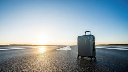 A dark suitcase stands alone on a vast airport runway, illuminated by a brilliant, clear sky. The image showcases the sleek lines of the suitcase, suggesting travel and transit. The warm tones of the overhead lighting and the empty runway create a sense of anticipation and journey. Suitable for diverse commercial and editorial purposes.の素材