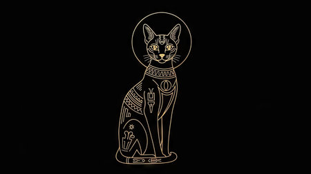 This illustration features a stylized cat in gold against a dark background. The artwork showcases intricate patterns and details on the cat's body and a halo. The composition uses high contrast and simple shapes. Suitable for various design projects, it could enhance editorial content or be used commercially.の素材