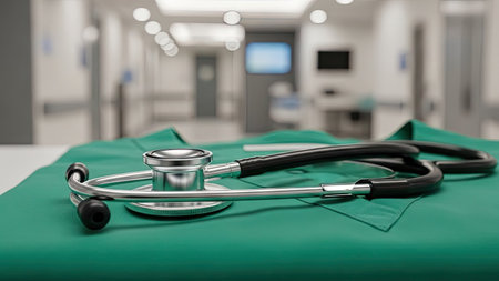 A stethoscope rests on a green surgical scrub top, captured in a hospital setting. The image highlights medical instruments against a backdrop of corridors and blurred background. Lighting is soft, and the composition is straightforward, suitable for medical, health, and healthcare concepts.の素材