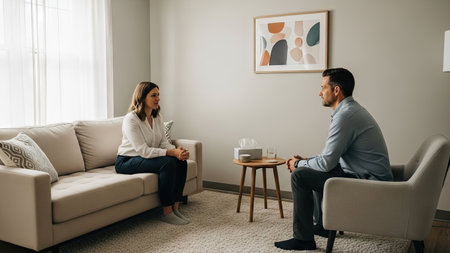 Two individuals engage in a seated conversation within a softly lit, interior space. The scene showcases a comfortable sofa and armchair against a backdrop of muted colors and a natural window light. This image could be used in various commercial contexts emphasizing dialogue, support, and therapeutic practices.の素材