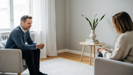A man and a woman are seated in a room, engaged in a conversation. The scene exhibits soft, natural lighting, highlighting the neutral tones of the interior. The composition centers on the interaction, suggesting an environment conducive to communication. Suitable for various applications related to health or editorial topics.の素材